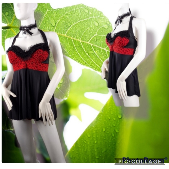 MEDIUM Red leopard print & black babydoll - Picture 5 of 11